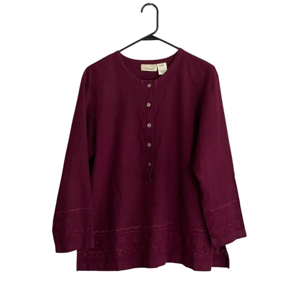 Susan Bristol Vingage Top Sz Med Linen Blend 1/2 button Emboridered Lagenlook